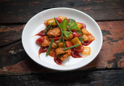 High angle view of meal served on table