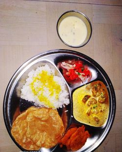 High angle view of breakfast on table