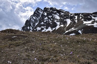 Scenic view of mountains against cloudy sky