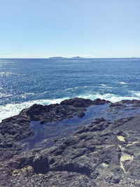 View of calm beach against clear sky