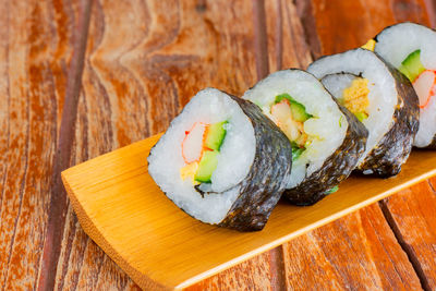 Close-up of sushi served in plate