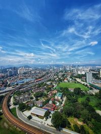 High angle view of buildings against sky