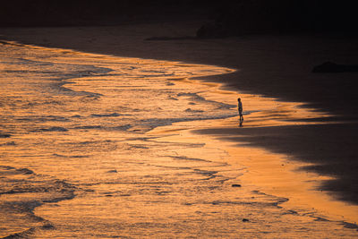 Man standing at seashore sunset photo 