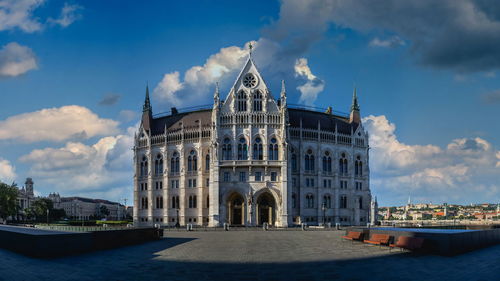 Parliament building on the embankment of budapest, hungary, on a sunny summer morning