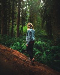 Full length of man standing by tree trunk in forest