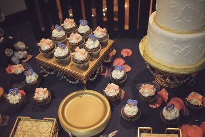 High angle view of cupcakes on table