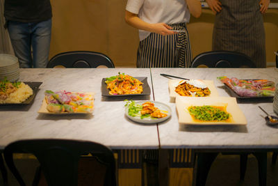 High angle view of food served on table