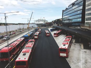 High angle view of vehicles on road in city