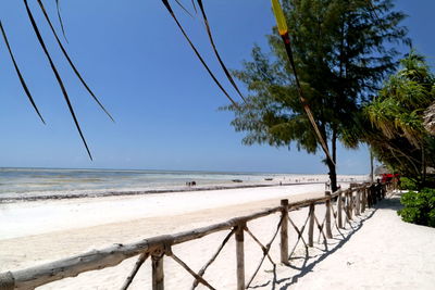 Scenic view of beach against clear blue sky