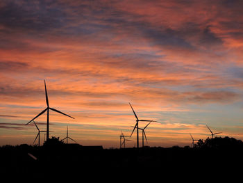 Silhouette of wind turbines at sunset