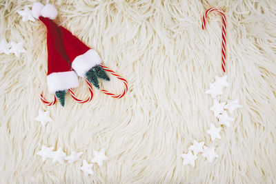 High angle view of christmas decorations on table