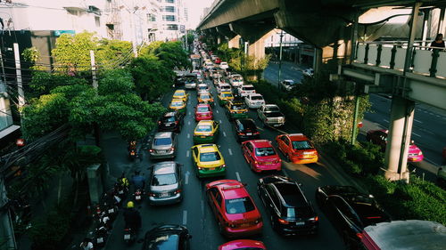 High angle view of cars on road in city