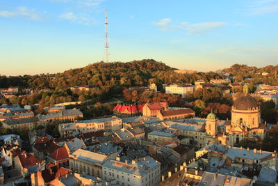 High angle view of townscape against sky