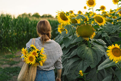 Beautiful young woman with sunflowers enjoying nature and laughing on summer sunflower field.