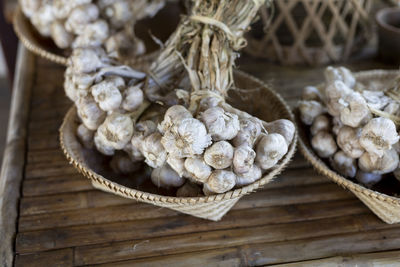 High angle view of seashells on table