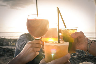 Friends toasting drinking glasses at beach