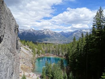 Scenic view of lake by trees against sky