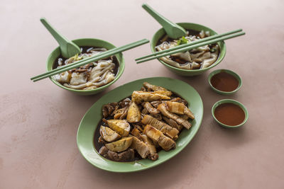 High angle view of food in plate on table