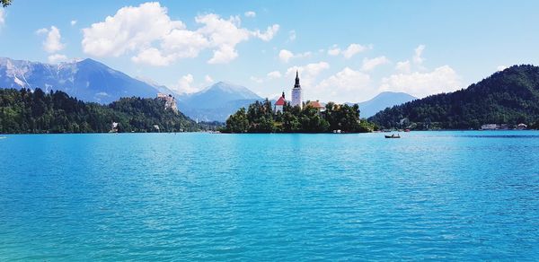 Panoramic view of lake bled against sky