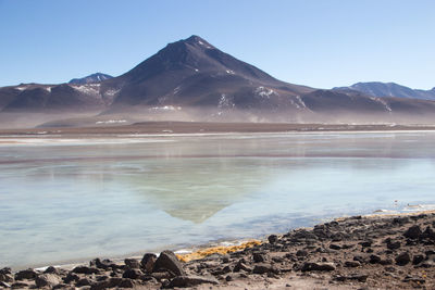 Scenic view of lake and mountains against clear sky