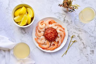 High angle view of breakfast served on table