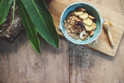 High angle view of breakfast on table