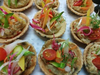 High angle view of food served on table