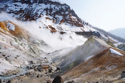 Scenic view of snow capped mountains against sky