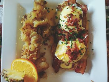 Close-up of served food in plate