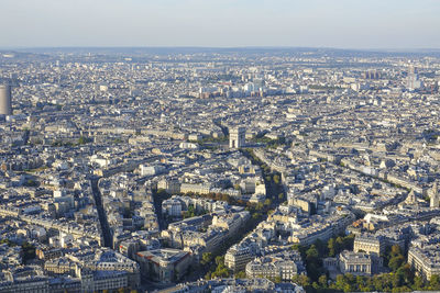 High angle view of city buildings against sky