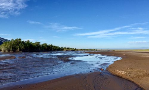 Scenic view of beach against blue sky