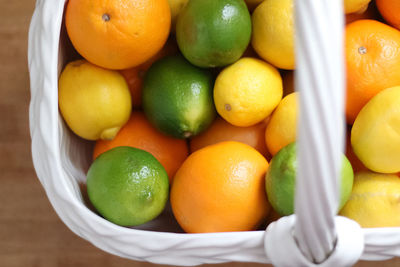 High angle view of oranges in container