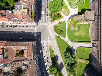 High angle view of street amidst buildings in city