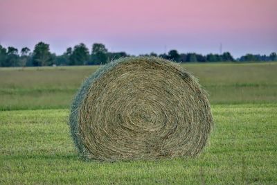 Hay bales on field against sky