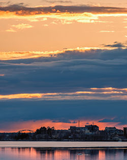 Scenic view of sea against dramatic sky during sunset