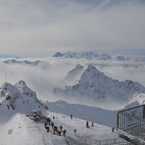 High angle view of tourists at ski resort