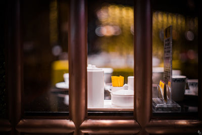 Close-up of beer glass on table at restaurant