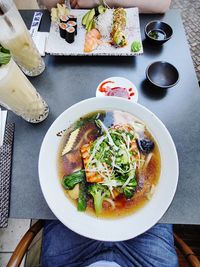 High angle view of meal served on table