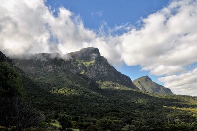 Scenic view of mountains against cloudy sky