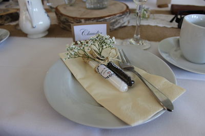 High angle view of ice cream in plate on table