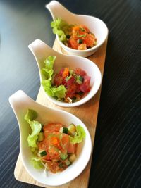 High angle view of salad in bowl on table