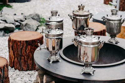 High angle view of beer on table