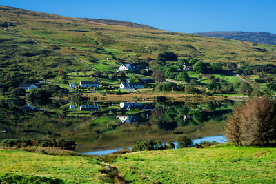 Scenic view of field and houses against sky