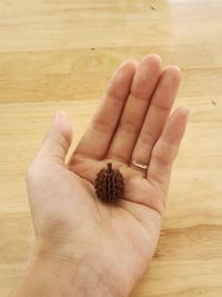 High angle view of hand holding bread on table