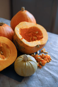 Close-up of pumpkins on table