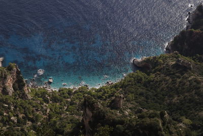 High angle view of rocks and sea against sky