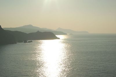 Scenic view of sea with mountain in background