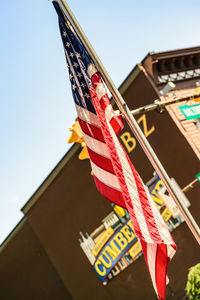 Low angle view of flags hanging against clear sky