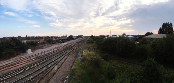 Panoramic view of railroad tracks against sky