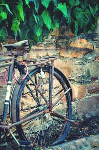 Close-up of rusty bicycle wheel against trees